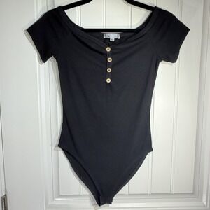 Gaze Black Ribbed Off Shoulder Henley Snap Bodysuit Small